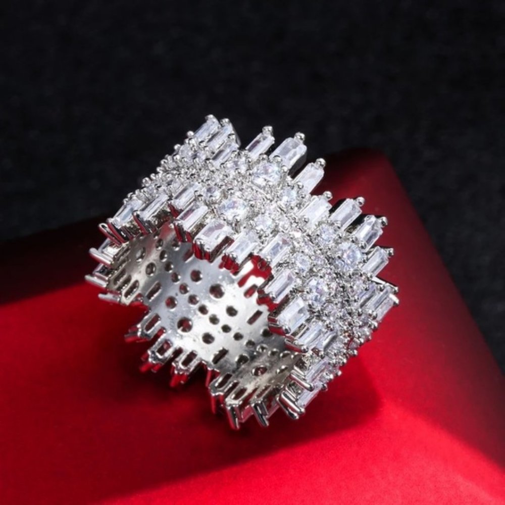 NEW Silver Baguette Round Diamond Wide Band Ring - Picture 6 of 7